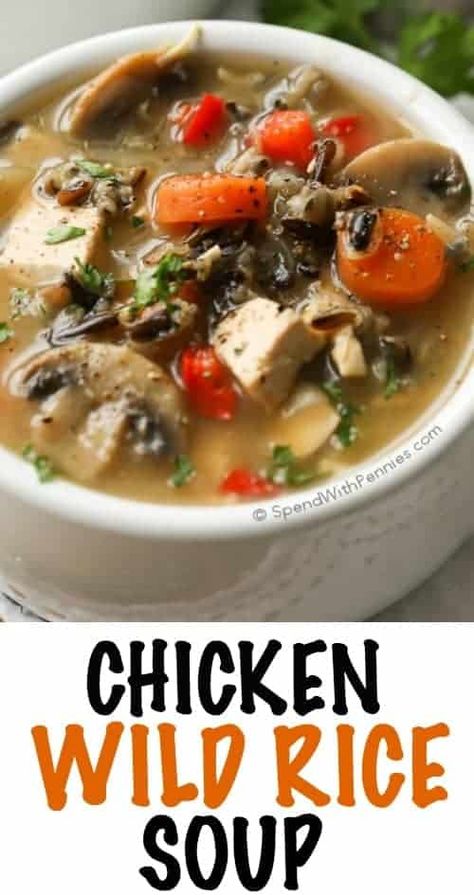 Chicken Wild Rice Soup (no cream) Chicken And Wild Rice Soup, Wild Rice Soup Recipes, Creamy Soups, Chicken Wild Rice, Creamy Mushroom Chicken, Chicken Wild Rice Soup, Rice Soup Recipes, Dinner Rotation, Chicken And Wild Rice