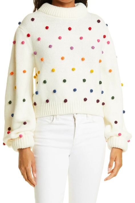 Rainbow Sweater, Blouson Sleeve, Farm Rio, Wool Blend Sweater, Party Looks, Polka Dot Print, Sweater Sleeves, Winter Wear, Cropped Sweater