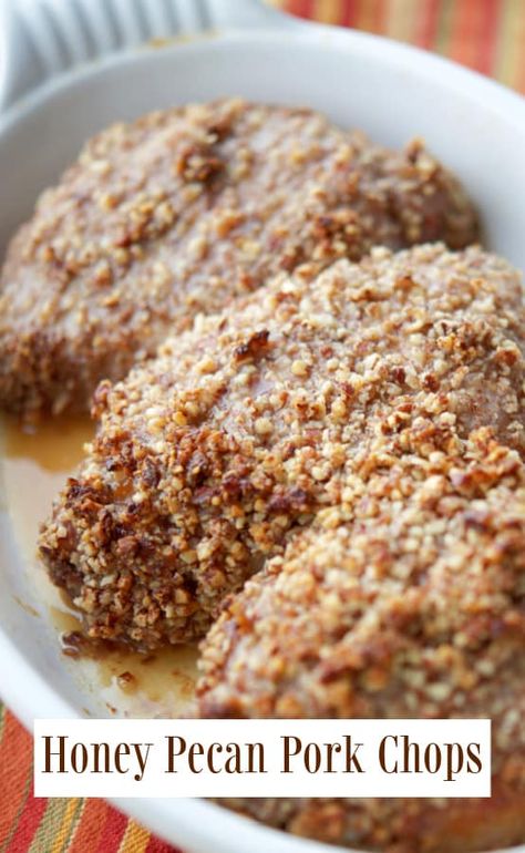 Baked Honey Pecan Pork Chops Pecan Pork Chops, Pecan Crusted Pork Chops, Honey Pork Chops, Crusted Pork Chops, Recipes Using Pork, Baked Breaded Chicken, Baked Chicken Strips, Center Cut Pork Chops, Pork Entrees