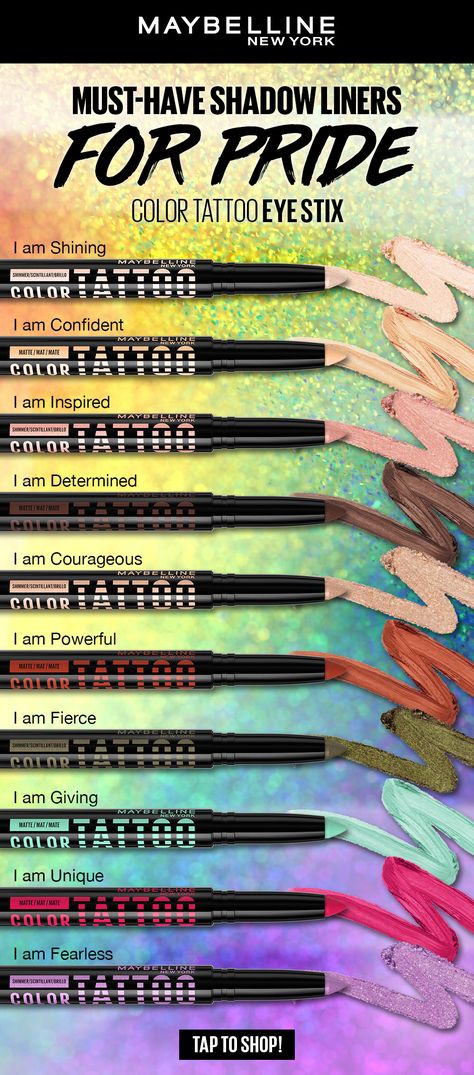 Meet our 1st all-in-one shadow, liner & primer! This longwear eyeshadow delivers up to 24-hour color wear performance. Made with tattoo-powered pigments, each eyeshadow stick delivers crease-resistant color that can keep up with your day. With a built-in sharpener for precision, these multi-use sticks shadow, line, and prime. Color Tattoo shadow sticks have what you need for hassle-free application and bold, long lasting color! Now available in 10 colorful shades! TAP TO SHOP! Tattoo Shadow, Fierce Tattoo, Maybelline Color Tattoo, Maybelline Tattoo, New York Tattoo, Shadow Liner, Makeup Help, Eyeshadow Stick, Shadow Sticks