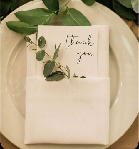 13 Ways to Fold a Napkin Wedding Place Settings Eucalyptus, Napkin Fold With Thank You Card, Napkins With Rosemary Sprig Wedding Place Settings, Thank You Card At Wedding Reception, Wedding Table Thank You Cards, Thank You Cards For Wedding Table, Thank You Table Decorations, Eucalyptus Place Setting, Napkin Folding Ideas Wedding Menu Cards