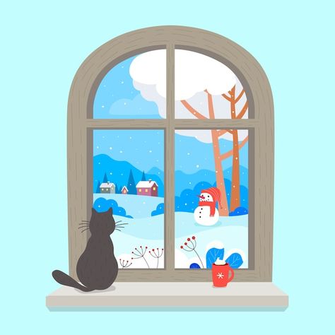 Free vector hand drawn winter window ill... | Free Vector #Freepik #freevector #snow-window #winter-window #winter-illustration #winter-season Graphics Aesthetic, Winter Graphics, Winter Vector, Graphics Background, Window Illustration, Background Winter, Winter Window, Cat Window, Winter Illustration