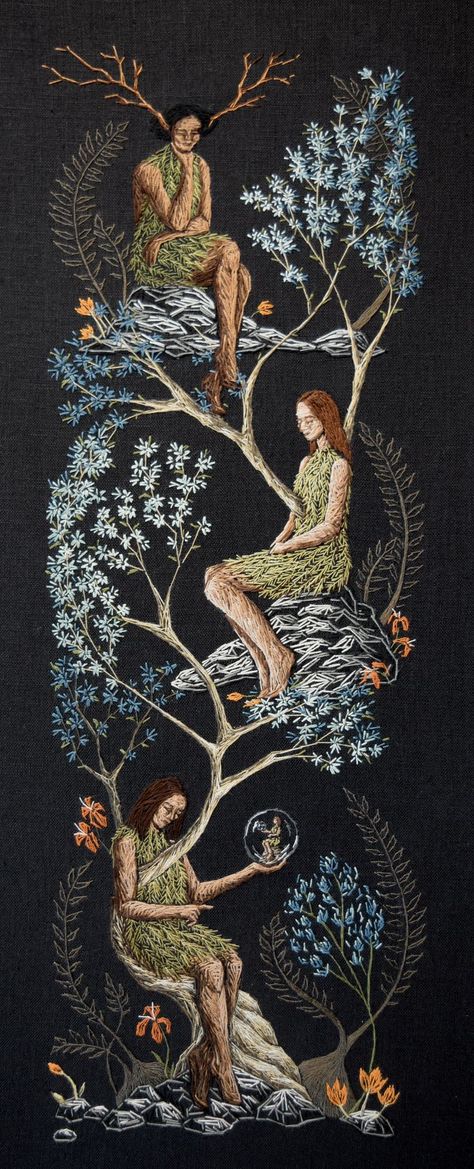 Drawing on the rich traditions of needlework, she takes a more freeform approach to the medium in which stitching becomes a tool for sketching, honoring its history while subtly subverting convention. Michelle Kingdom, Linen Embroidery, Colossal Art, Modern Crafts, Thread Painting, Elements Of Nature, Etsy Instagram, Stitching Art, Embroidery Techniques