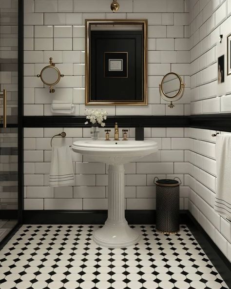 40 Vintage Bathroom Ideas - Home Soils Updated Vintage Bathroom, Black And White Bathroom Accent Color, 1920s Master Bath, French Bistro Bathroom, Black And White Vintage Bathroom Ideas, Small Victorian Bathroom Ideas, London Bathroom Ideas, Colonial Chic Bathroom, Vintage Shower Tile Ideas