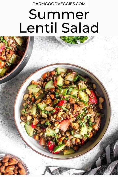 This healthy Summer Lentil Salad recipe is full of crisp cucumbers, sweet strawberries, crunchy almonds, and is marinated in a bright and herby dressing. On the table in 30 minutes! Lentil Salad Vegan, Lentils Recipes, Lentil Salad Recipes, Healthy Bowl, Summer Flavors, Food Infographic, Healthy Bowls, Healthy Summer Recipes, Lentil Salad