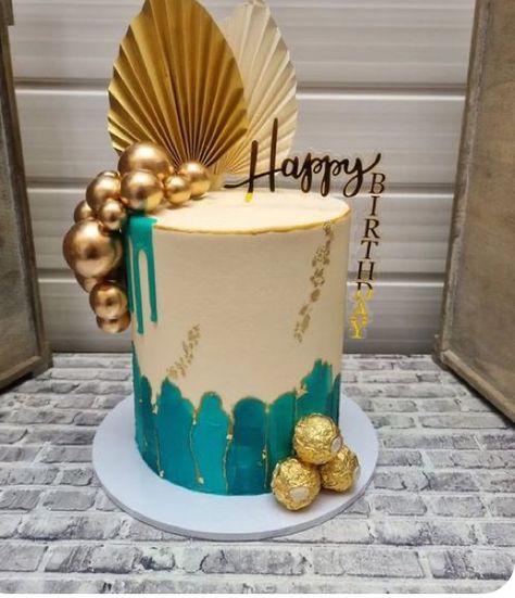 Teal And Gold 50th Birthday, Turquoise Birthday Cake For Women, Different Cakes Designs, Dark Teal Birthday Cake, 3 Kg Cake Design, Teal And Gold Birthday Cake, Teal Birthday Cake For Women, Colourful Cake Designs, Teal And Pink Cake