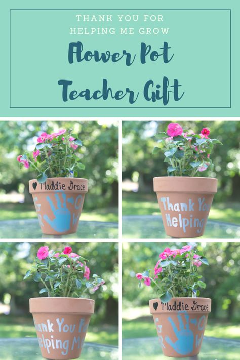 "Thank you for helping me grow!" These flower pots make the perfect teacher gift for all ages and are a fun way to get the kid involved in the craft! An easy DIY tutorial for end of the year or teacher's appreciation day! Diy Flower Pot For Mother’s Day, Teacher Gift Flower Pot, Mother’s Day Flower Pots Kids, Teacher Potted Plant Gift, Mother’s Day Plant Pot Diy, Appreciation Themes, Thanks For Helping Me Grow, Teacher Presents, Modern Gardens