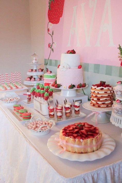 Strawberry Shortcake Birthday Party via Kara's Party Ideas karaspartyideas.com #strawberry #shortcake #party Strawberry Dessert Table, Strawberry Centerpiece Ideas, Strawberry Shortcake Birthday Party, Strawberry Shortcake Dessert, Lila Party, Strawberry Shortcake Birthday, Strawberry Shortcake Party, Strawberry Dessert, Strawberry Baby