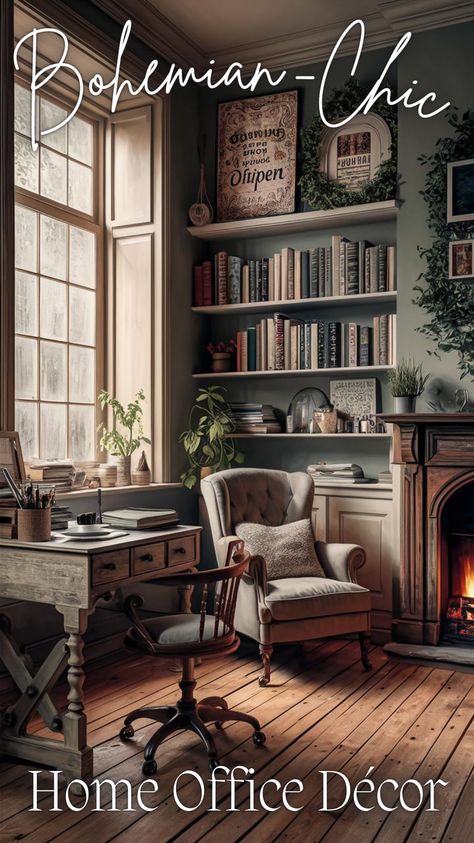 Design a sanctuary with boho home office decor. Use cozy room decor, vintage, and victorian pieces for a unique look. Boho lamps and a boho wall enhance the space, making it perfect for work and relaxation. #bohohomeofficesanctuary #bohostyleinteriordesign #chicbohemiandecor #vintage #boholamps #bohowall #bohochichomeoffice #homeoffice #cozyroomdecor #bohemianstyle Cosy Home Office Ideas, Cottage Office Ideas, Cosy Office Ideas, Home Library Ideas Cozy, Cottage Home Office, Boho Style Interior Design, Boho Lamps, Library Vibes, Scandi Boho Interior