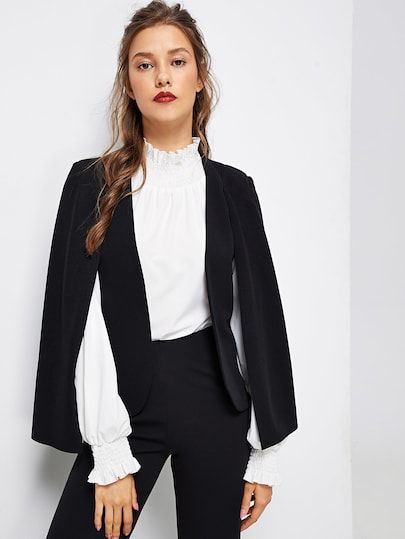 Product name: Cloak Sleeve Open Front Blazer at SHEIN, Category: Blazers Women Blazers, Open Front Blazer, Cape Sleeves, Blazer Outfits, Blake Lively, Shein Style, Cloak, Blazers For Women, Black Fabric