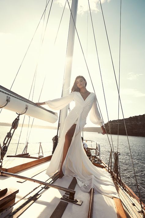 CHOSEN By One Day: St. Martin Collection Billowing Fabric, 18th Photoshoot, Yacht Photoshoot, Boat Photoshoot, Yacht Fashion, One Day Bridal, Yacht Model, Boat Fashion, Wedding Dress Store