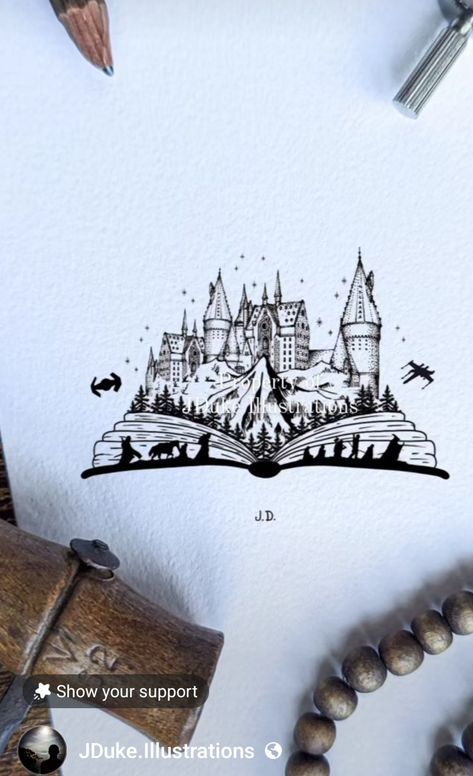 Tattoo Castle, Hogwarts Castle Tattoo, Hogwarts Tattoo, Lotr Tattoo, Hp Tattoo, Castle Tattoo, Harry Potter Tattoos, Harry Potter Style, Trendy Shirt Designs