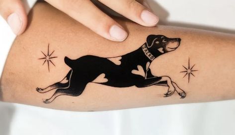 Black And Grey Dog Tattoo, Wolf And Rabbit Tattoo, Creative Pet Tattoos, I Bet On Losing Dogs Tattoo, Linework Dog Tattoo, Border Collie Tattoo Outline, Dog Floral Tattoo, Hunting Dog Tattoo, Black Lab Tattoos