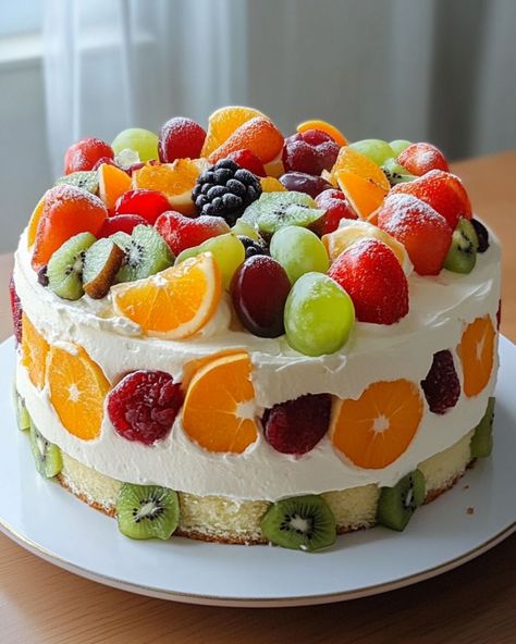 🍰 Fresh Cream Fruit Cake - Fruit Shortcake 🍓🍇 Ingredients: For the Cake: - 1 1/2 cups all-purpose flour - 1 teaspoon baking powder - 1/2 teaspoon baking soda - 1/4 teaspoon salt - 1/2 cup unsalted butter, softened - 1 cup granulated sugar - 2 large eggs - 1 teaspoon vanilla extract - 1/2 cup whole milk For the Whipped Cream: - 2 cups heavy whipping cream - 1/4 cup powdered sugar - 1 teaspoon vanilla extract For the Topping: - Assorted fresh fruits (strawberries, blueberries, kiwi, mango, ... Fruit Shortcake, Mandarin Orange Cake, Kiwi Cake, Cake Fruit, Strawberries Blueberries, Food Tech, Whipping Cream, Orange Cake, Fresh Cream