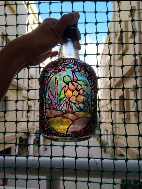 Oldmonk Rum Bottle Art, Old Monk Bottle Painting, Old Monk Bottle Art, Bottle Painting Ideas, Diy Bottles, Glass Bottle Decor, Bottle Paint, Mason Jar Solar Lights, Old Monk