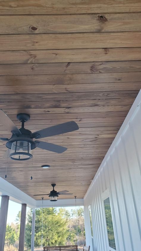 Porch Ceiling Ideas Exposed Beams, Screen Porch Remodel, Stained Patio Ceiling, Porch Ceiling Wood Planks, Mobile Home Exterior Decor, Wood Plank Ceiling Porch, Exterior Wood Ceiling, Back Porch Wood Ceiling, Small Porch Renovation