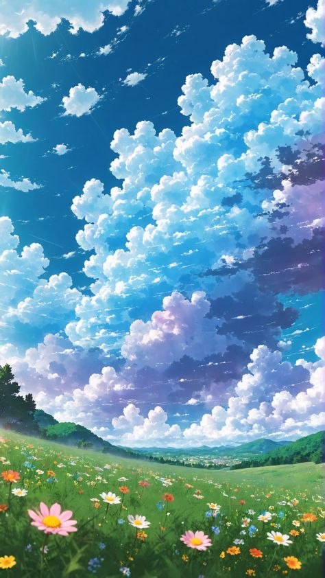 anime wallpaper, wallpaper hd, phone wallpaper, anime aesthetic, flowers field, beautiful clouds, anime landscape, background, studio ghibli Ghibli Background Aesthetic, Cute Pictures Wallpaper Beautiful Anime Art, Clouds Anime Aesthetic, Anime Landscapes Aesthetic, Anime Flowers Background, Anime Nature Wallpaper Hd, Summer Anime Background, Studio Ghibli Background Aesthetic, Anime Aesthetic Flowers