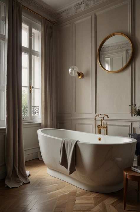 Parisian Inspired Home, Parisien Apartment, Parisian Home Aesthetic, Parisian Bathroom Decor, Manor Interior Design, Paris Penthouse, Feminine Interior Design, Parisian Bathroom, Apartment Behance