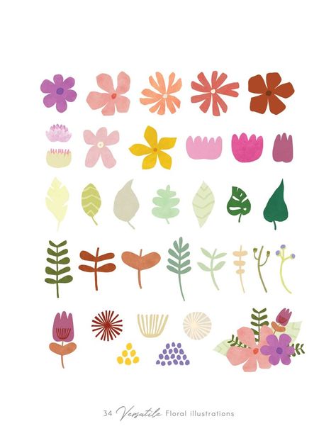 Simple Flower Clip Art Blooms Leaves and Bouquets Cute | Etsy Flower Simple Illustration, Simple Flower Pottery Painting, Simple Floral Illustrations, Sustainability Painting, Flowers Illustration Simple, Flower Graphic Design Illustration, Simple Flower Painting Ideas, Small Flowers Painting, Simple Flower Illustration