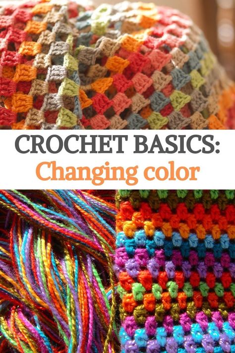 Crochet With Multiple Colors, How To Switch Colors In Crochet, Change Colors In Crochet, Crochet Symbols, Crochet Basket, Crochet Basics, Crochet Techniques, Yarn Colors, The Things