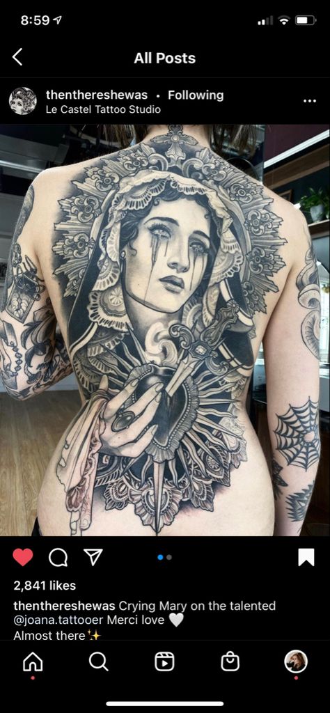 Full Back Tats Women, Back Piece Tattoos For Women Traditional, Greek Goddess Back Tattoo, Neo Trad Back Tattoo, Mexican Back Tattoo Women, Sacred Heart Back Tattoo, Female Back Piece Tattoo, Neo Trad Back Piece, Crazy Back Tattoos