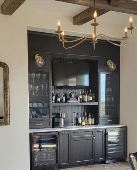 Black Bar Room Ideas, Formal Dining Room Bar Ideas, Bar With Tv And Shelves, Home Office With Wet Bar, Bar Set Up In Dining Room, Wall Bar With Tv, Bars With Tv, Bar In Dinningroom, Large Home Bar Ideas