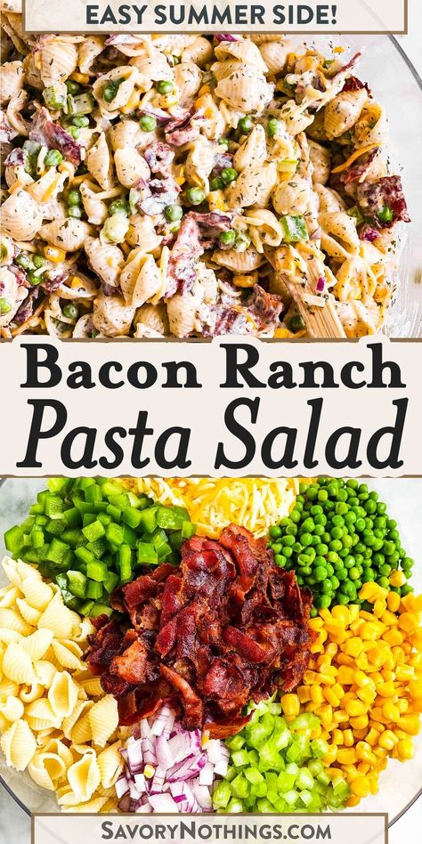 Greek Yogurt Veggie Dip, Healthy Ranch, Bacon Pasta Salad, Creamy Pasta Salad, Yummy Vegetables, Summer Pasta Salad Recipes, Bacon Ranch Pasta, Pasta Calories, Bacon Ranch Pasta Salad