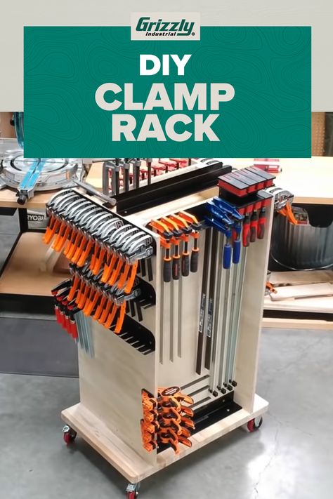 Ready for your next woodworking project? We've got a clamp rack that will help organize any woodworking shops. Clamp Rack Woodworking, Woodworking Plans Workbench, Clamp Rack, Clamp Storage, Garage Workshop Layout, Garage Workshop Organization, Workshop Layout, Tool Storage Cabinets, Woodshop Organization