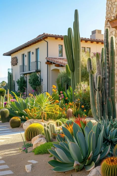 Italian Landscaping, Desert Plants Landscaping, Cactus Garden Design, Cactus Garden Landscaping, Arizona Decor, Arizona Landscape, Home Garden Ideas, Front Yard Design, Home Garden Plants