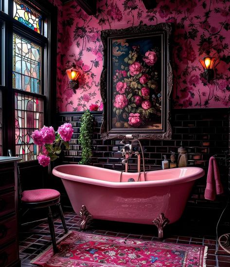 Jacuzzi Tub Bathroom Decor Ideas, Black Pink Bathroom, Jacuzzi Tub Bathroom Decor, Pink Bathroom Design, Jacuzzi Tub Bathroom, Gothic Bathroom Ideas, Bathroom With Clawfoot Tub, Paradise Decor, Jacuzzi Tubs