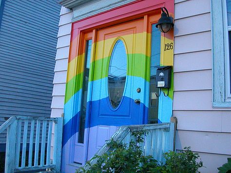 Bright Front Doors, Rainbow Door, Brown Doors, Concrete Bathroom, Paint Color Inspiration, Bedroom Door Design, Painted Front Doors, Cool Doors, House Front Door