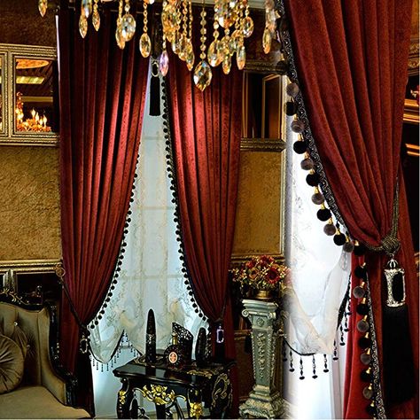 Burgundy Curtains, Victorian Curtains, Curtain For Living Room, Decorative Curtain Rods, Living Room Decor Curtains, Bedroom Curtains, Luxury Curtains, Vintage Curtains, Loft House