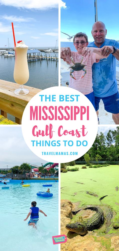 Things To Do On The Mississippi Gulf Coast.  Looking for fun activities for your Mississippi vacation? Taking a road trip through the charming towns of Biloxi, Gulf Port, Ocean Springs, Pass Christian and more small towns provide plenty of unique experiences! Besides the beautiful beaches, there are water parks, boat trips (crabbing or shrimping experiences!), fun restaurants and places to eat, alligator tours, and more.  This comprehensive list will help plan your travel itinerary! #Mississippi Pass Christian Mississippi, Gulf Port Mississippi, Places To Visit In Mississippi, Mississippi Coast, Things To Do In Mississippi, Mississippi Vacation, Louisiana Vacation, Visit Mississippi, Ocean Springs Mississippi