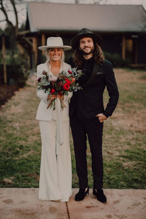 Cause We Can EventsIntimate Nashville Wedding at Arrington Vineyards | Cause We Can Events Couples Matching Suits, White Hat Wedding, Bride And Groom In All White, Bride Pants Wedding, Bride In Pants, Hair Styles With Flat Brim Hats, Brides With Hats, Groom In Hat, Bride And Groom Hats