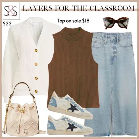 This cardigan is a perfect top layer for my classroom! I am loving the colorway on these Golden Goose sneakers, and with a chocolate brown tank, your fall outfit is on point #LTKSeasonal #LTKfindsunder50 #LTKworkwear Brown Top Outfit, Summer Autumn Outfit, Woven Mules, Top Sneakers Women, Golden Goose Sneakers, Fall Layers, Woman Weaving, Outfit Inspiration Fall, Instagram Outfits