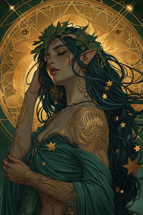 ArtStation - Elenath, Goddes of the Stars, Pablo Rhyal Fae Woman, High Fae, Greek Goddess Art, Elf Characters, Nature Goddess, Elf Art, Dnd Art, Goddess Art, Fantasy Aesthetic