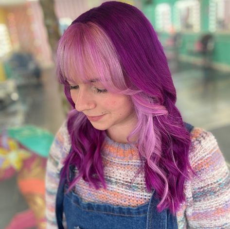 Pink And Purple Hair With Bangs, Pink And Purple Color Block Hair, Trendy Hair Dye Ideas, Purple Pink Hair, Color Block Hair, Pink Purple Hair, Split Dyed Hair, Dramatic Hair, Hair Color Unique