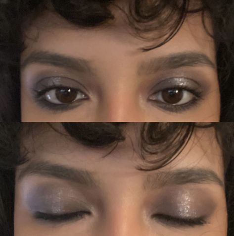 Dark Shimmer Eyeshadow, Indie Sleeze Eye Makeup, Grey Eye Makeup Looks, Grey Makeup Ideas, Smudgy Eye Make Up, 90s Whimsigoth Makeup, Makeup For Grey Outfit, Smudged Makeup Aesthetic, 90s Messy Makeup