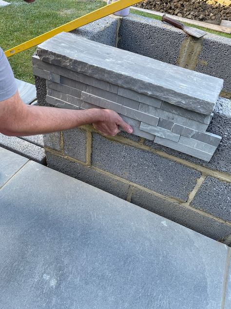 Adding porcelain cladding to concrete blockwork wall Stone Cladding Retaining Wall, Garden Feature Wall Ideas Outdoor, Garden Wall Cladding Ideas, Outdoor Wall Cladding, Concrete Wall Outdoor, Concrete Garden Wall, Front Garden Wall Ideas, Garden Walls, Small Garden Wall Ideas