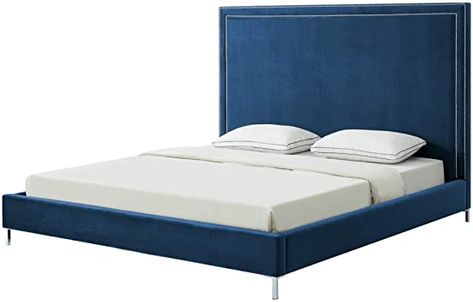 Inspired Home Hayworth PU Leather or Velvet Nail-Head Trim Platform Bed Blue Velvet Navy Velvet Bed, Barnwood Bed, Bed Frame Sets, Best Platform Beds, Murphy Cabinet Bed, Tov Furniture, King Bed Frame, Velvet Bed, Queen Bed Frame