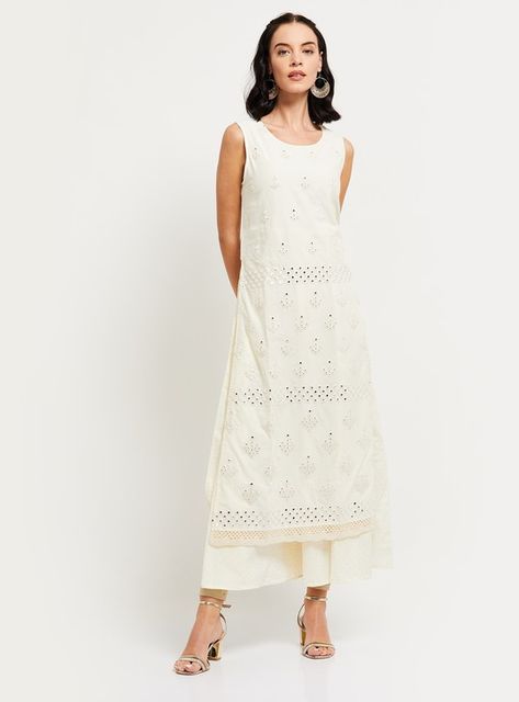 MAX Schiffli Embroidery Sleeveless Straight Kurta | White | Embroidered Shalwar Kameez Sleeveless, White Sleeveless Kurti, Schiffli Kurta, Sleeveless Kurti Designs, Schiffli Dress, Sleeveless Kurti, Salwar Design, White Churidar, Sleeveless Kurta