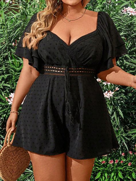 Plus Size Flutter Sleeve Contrast Lace Romper Black Boho  Short Sleeve Woven Fabric Plain Other Non-Stretch  Women Plus Clothing, size features are:Bust: ,Length: ,Sleeve Length: Black Romper Outfit, Short Jumpsuit Outfit, Plus Size Summer Outfits Big Stomach, Black Lace Romper, Plus Size Summer Outfits, Boho Style Outfits, Black Boho, Romper Outfit, Plus Size Jumpsuit