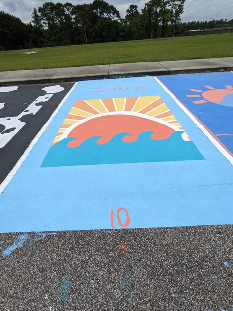 Couples Senior Parking Spots, Beach Senior Parking Spot, Junior Year Parking Spot Painting, Ocean Parking Spot Painting, Parking Spot Painting Junior, Highschool Parking Spot Ideas, Painted Parking Spots Senior Girls, Painted Parking Spaces Ideas, Senior Spots