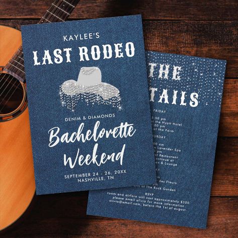 Last Rodeo Denim Diamonds Cowgirl Hat Bachelorette Invitation Denim Bachelorette Party, Denim And Diamonds Bachelorette Party, Nashville Itinerary, Rodeo Bachelorette, Itinerary Invitation, Diamond Theme, Bachelorette Hats, Cowgirl Bachelorette Parties, Bachelorette Weekend Invitations