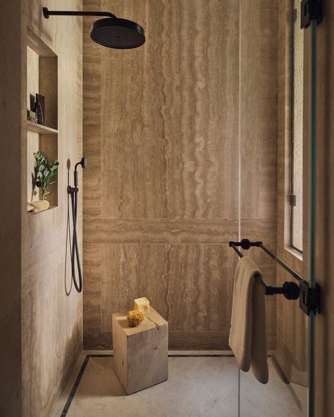 For Project Bloom’s master bathroom, the design centres on warmth and peacefulness. Beige travertine limestone and Crema Marfil marble set the tone, while the whitewashed oak vanity and textured walls make for a grounded and sophisticated bathroom design. Photographer: @studio_rochowski #elicyon #luxuryinteriordesign #bespokeinteriordesign #projectbloom #bathroomdesign Family House Bedroom, Cream Marble Bathroom, Limestone Texture, Whitewashed Oak, Travertine Bathroom, Oak Vanity, Interior Design London, Sophisticated Bathroom, Photographer Studio