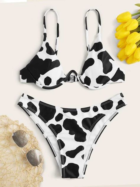 Cow Print Top With High Cut Bikini Set | ROMWE Cow Print Top, Cow Outfits, Girls Football Boots, Summer Bathing Suits, Trendy Swimsuits, Swimsuits Outfits, Swimsuit Black, Cute Bathing Suits, 2 Piece Swimsuits