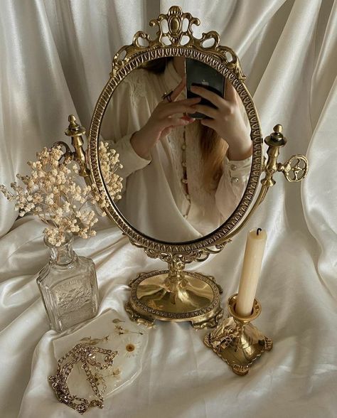 A Woman, Candles, Mirror, Gold, White