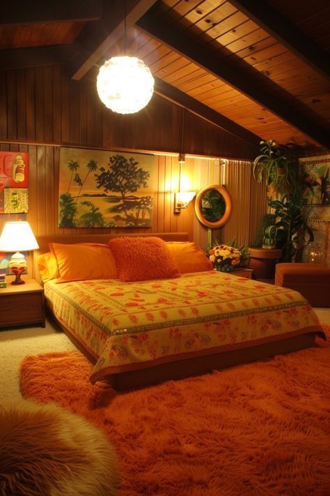 Bedroom 70s, Lake Bedroom, 60s Bedroom, Bathroom Tile Design Ideas, Boring Bedroom, 70s Bedroom, 70s Room, Yellow Kitchen Cabinets, 70s Interior Design