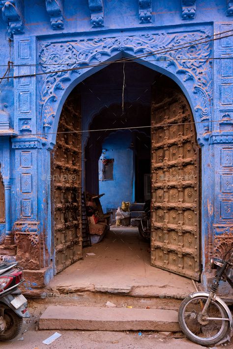 Blue houses in streets of of Jodhpur by f9photos. Blue house facade in streets of of Jodhpur, also known as â€œBlue Cityâ€?20due to the vivid blue-painted Brahmin houses, J... #Sponsored #Jodhpur, #f9photos, #house, #Blue Jodhpur Aesthetic, Indian Aesthetic Buildings, Rajasthan Photo, Rajasthan Painting, Blue City Jodhpur Video, Jaipur Streets, Blue City Jodhpur, Rajasthan Street, Rajasthan Blue City