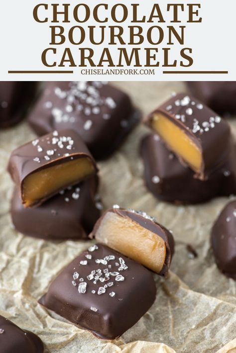 Chocolate Caramel Dessert, Chocolate Covered Caramels, Caramels Recipe, Caramel Dessert, Bourbon Caramels, Bourbon Recipes, Chocolate Candy Recipes, Boozy Desserts, Candy Recipes Homemade